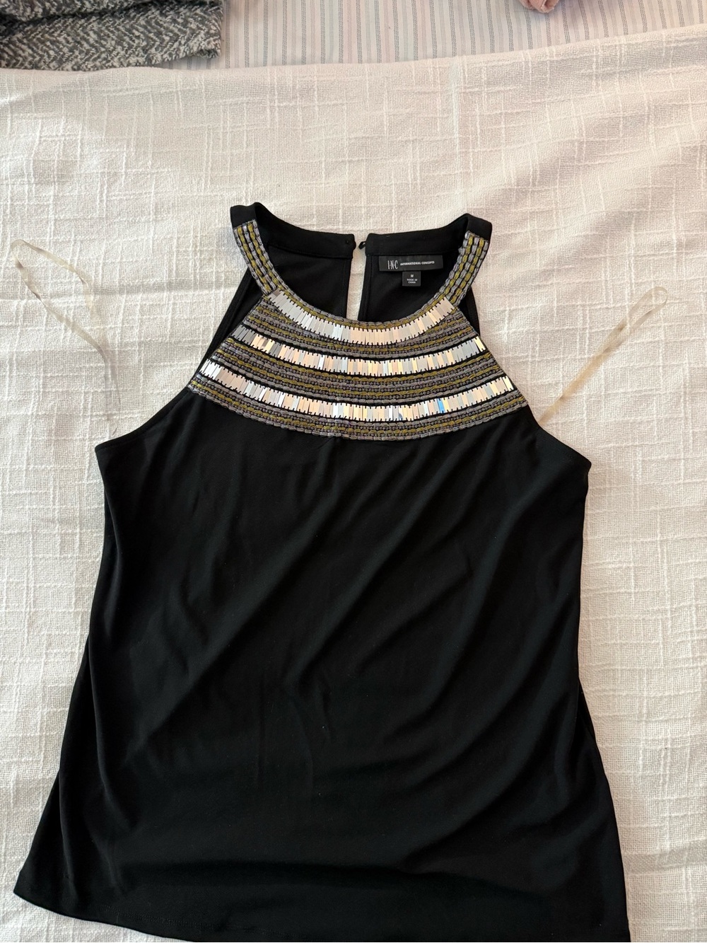 INC International Concepts Black Halter Tank with Metallic Bead Trim